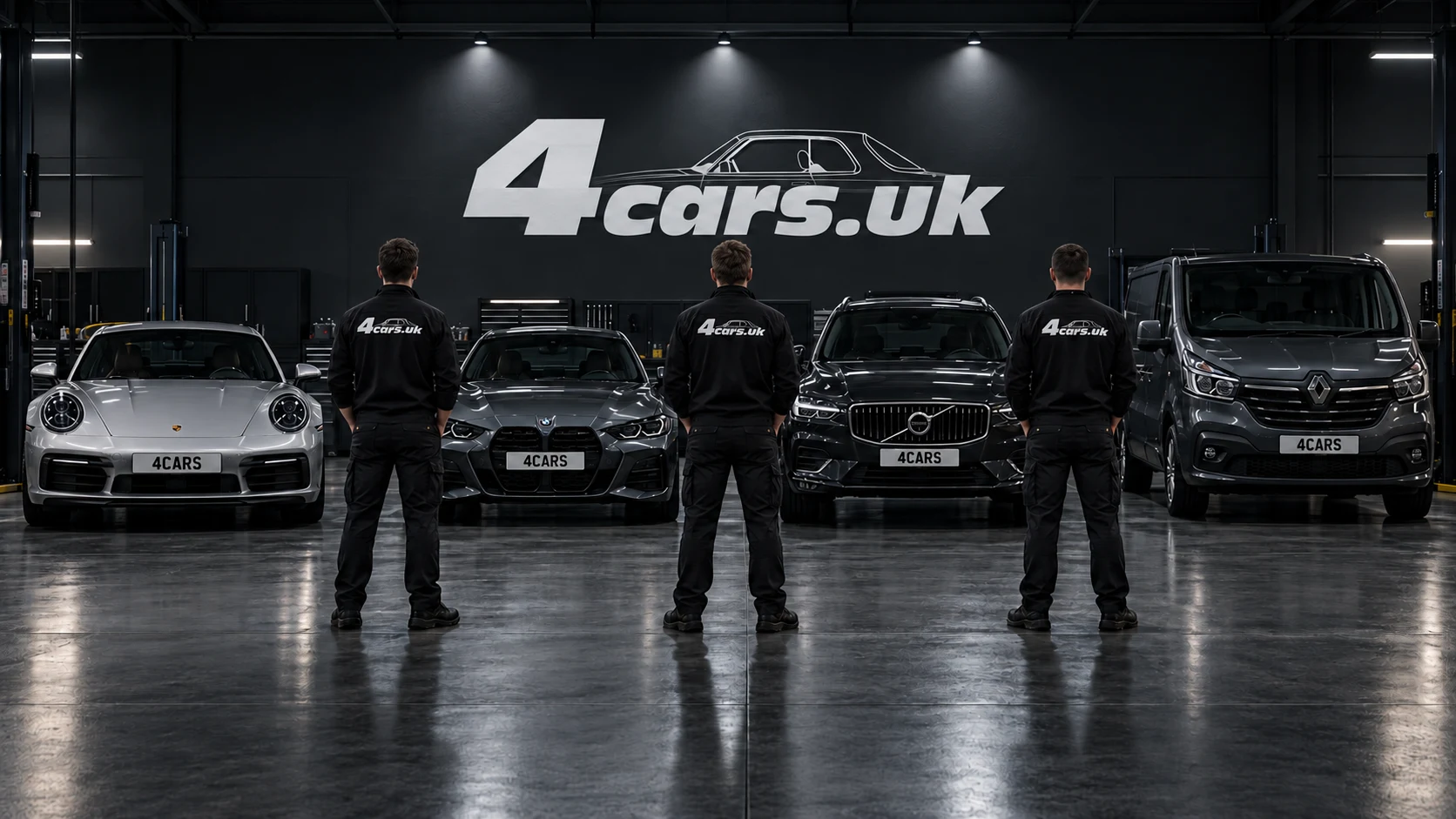 Cztery samochody i trzech mechaników przed warsztatem 4cars.uk — wizualizacja koncepcyjna